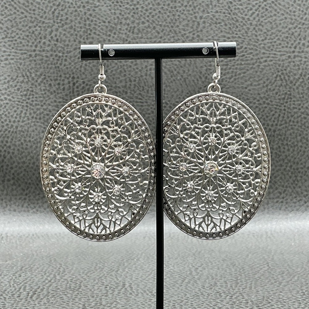Earrings Silver Tone Rhinestone Filigree Dangle Drop Womens 3 Inch Jewelry